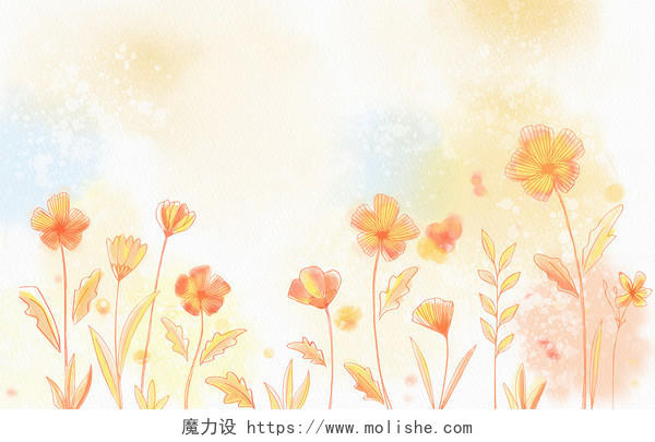 春天水彩花草植物黄色背景插画